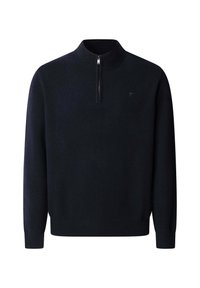 Pull noir à manches longues avec col, poignets et bas côtelés, avec une courte fermeture éclair sur le devant et un logo discret sur la poitrine gauche.