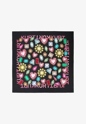 Écharpe noire ornée d'illustrations de gemmes colorées, comprenant des cœurs, des diamants et diverses formes, avec le texte « Kurt » en accent sur le design.