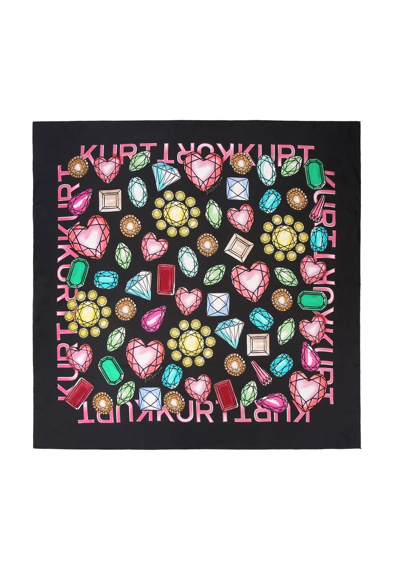 Sciarpa nera con illustrazioni di gemme colorate, tra cui cuori, diamanti e varie forme, con la scritta "Kurt" che valorizza il design.