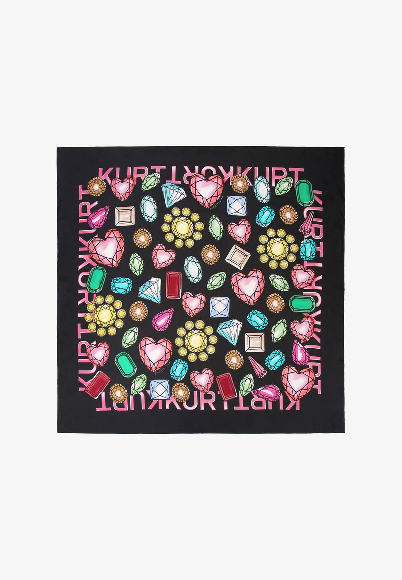 Sciarpa nera con illustrazioni di gemme colorate, tra cui cuori, diamanti e varie forme, con la scritta "Kurt" che valorizza il design.