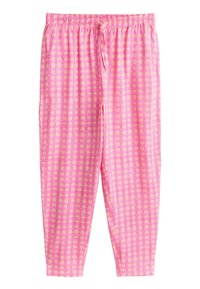 Pantaloni cu talie elastică roz și bej în carouri, cu șnur, croială dreaptă și potrivire lejeră.