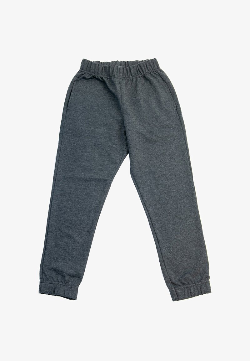 Szare, dzianinowe spodnie dresowe z elastycznym pasem, zwężanymi nogawkami i mankietami na kostkach. Materiał jest miękki i wygodny. Bez kieszeni.
