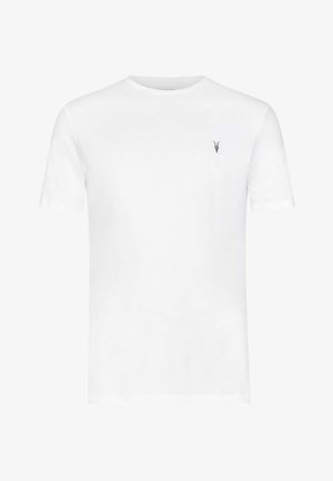 Witte katoenen T-shirt met korte mouwen, ronde halslijn en een klein grijs logo op de linkerborst. Fluweelachtige textuur en klassieke pasvorm.