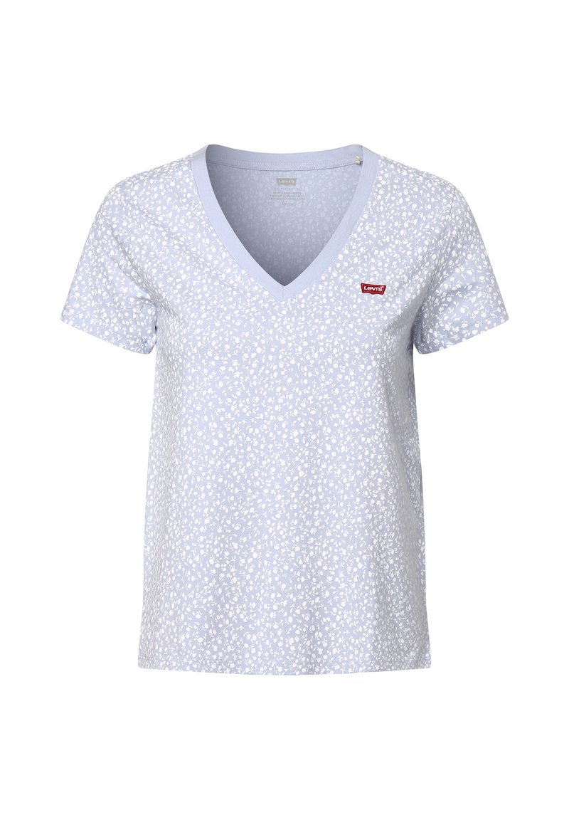 T-shirt bleu clair à col en V avec un motif floral, manches courtes et un logo rouge Levi's. Fabriqué en tissu coton doux. Coupe régulière.