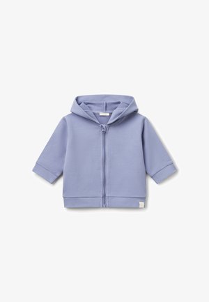 Světle fialová mikina pro malé děti s předním zipem, dlouhými rukávy a kapucí, položená na bílé pozadí.