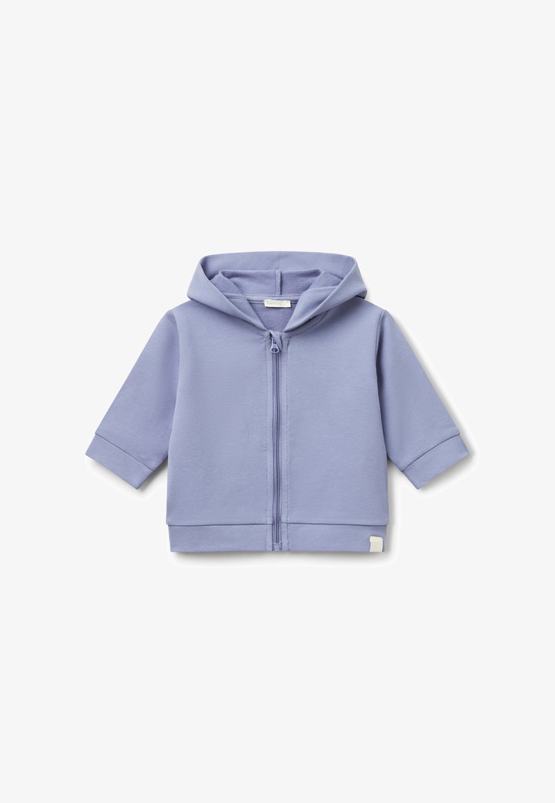 Světle fialová mikina pro malé děti s předním zipem, dlouhými rukávy a kapucí, položená na bílé pozadí.
