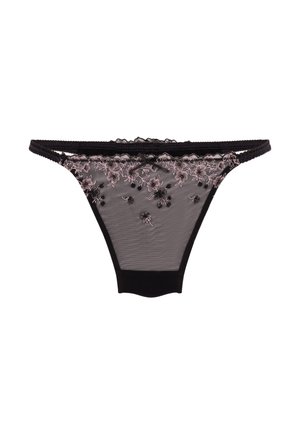 Schwarzer Netz-Thong mit floralem Stickerei in Rosa und Schwarz, mit Spitzenbesatz entlang der Kanten und einem festen schwarzen Bund.