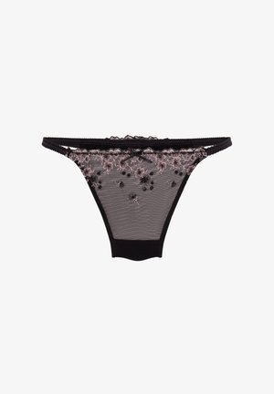 Zwarte mesh string met bloemenborduursel in roze en zwart, met kant langs de randen en een effen zwarte tailleband.