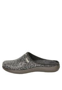 Zoccoli grigi in feltro con decorazioni in paillettes, design slip-on, sole imbottita e punta rotonda, ideali per l'uso interno. Base in gomma per una presa migliore.