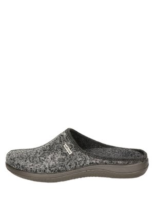 Grå hjemmesko med palietter, slip-on design, polstret sål og afrundet tå, ideelle til indendørs brug. Gummibund for godt greb.