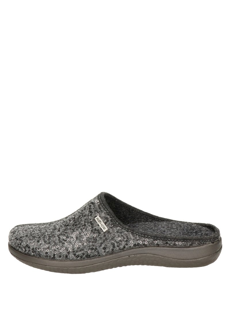 Zoccoli grigi in feltro con decorazioni in paillettes, design slip-on, sole imbottita e punta rotonda, ideali per l'uso interno. Base in gomma per una presa migliore.