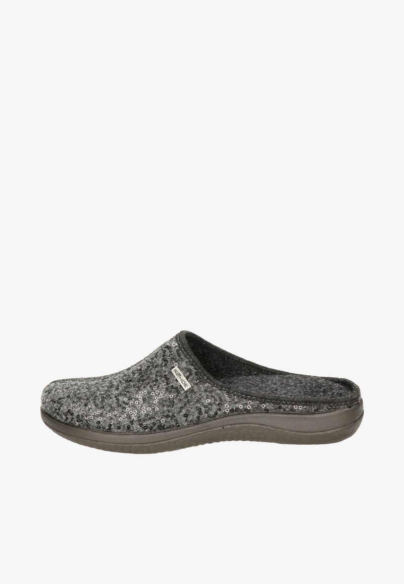 Grijze gevoerde klompen met sequinversieringen, instapontwerp, gevoerde zool en ronde neus, ideaal voor binnenshuis. Rubberen basis voor grip.