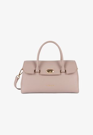 Lichtroze leren handtas met een gestructureerd ontwerp, bovenhandvatten en een afneembare schouderband. Voorzien van een gouden sluiting en merklogo.