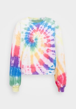 Sweat-shirt à manches longues col rond avec motif tie-dye spirale multicolore comprenant du bleu, rouge, jaune, vert, violet sur tissu blanc.