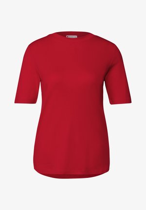 Rotes T-Shirt mit kurzen Ärmeln und rundem Ausschnitt, aus weichem Stoff gefertigt, mit lockerer Passform und einem etwas längeren Saum auf der Rückseite.