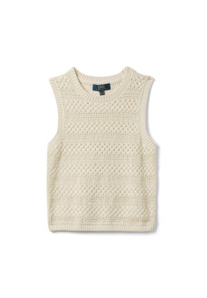 Cream-colored knitted sleeveless sweater vest with textured cable knit pattern and round neckline.