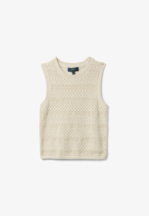 Cream-colored knitted sleeveless sweater vest with textured cable knit pattern and round neckline.