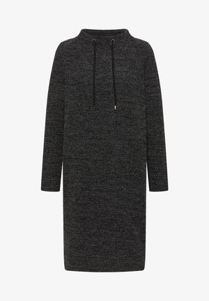 Vestido de punto negro con cuello alto, cordones y mangas largas. Presenta un patrón texturizado para mayor interés visual y un ajuste relajado.