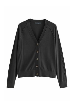Schwarze Strickjacke mit V-Ausschnitt, langen Ärmeln und sieben vorderen Knöpfen, die ein einfaches, klassisches Design aufweist.
