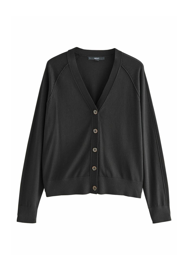 Svart cardigan med V-ringning, långa ärmar och sju knappar framtill, med en enkelt och klassiskt design.