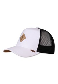 Căciulă albă cu părți laterale din plasă neagră, visiera curbată și o etichetă din piele cu un logo în formă de diamant. Material texturat și ajustabil.