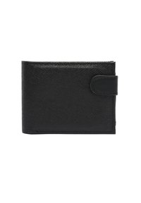 Crni kožna novčanik s teksturiranim završetkom, sa preklopnim dizajnom i tipkom za zatvaranje. Kompaktne veličine za lako nošenje.