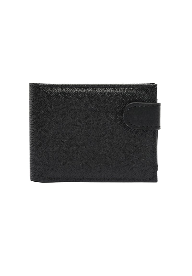 Crni kožna novčanik s teksturiranim završetkom, sa preklopnim dizajnom i tipkom za zatvaranje. Kompaktne veličine za lako nošenje.