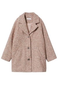 Kabát s kostkovaným vzorem vyrobený z měkké, strukturované tkaniny, se světle růžovou a hnědou barevnou kombinací, velkým límcem a dvěma předními kapsami.