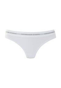 White thong underwear made of soft fabric with a COPENHAGEN STUDIOS logo in gray on the elastic waistband. Simple and seamless design.