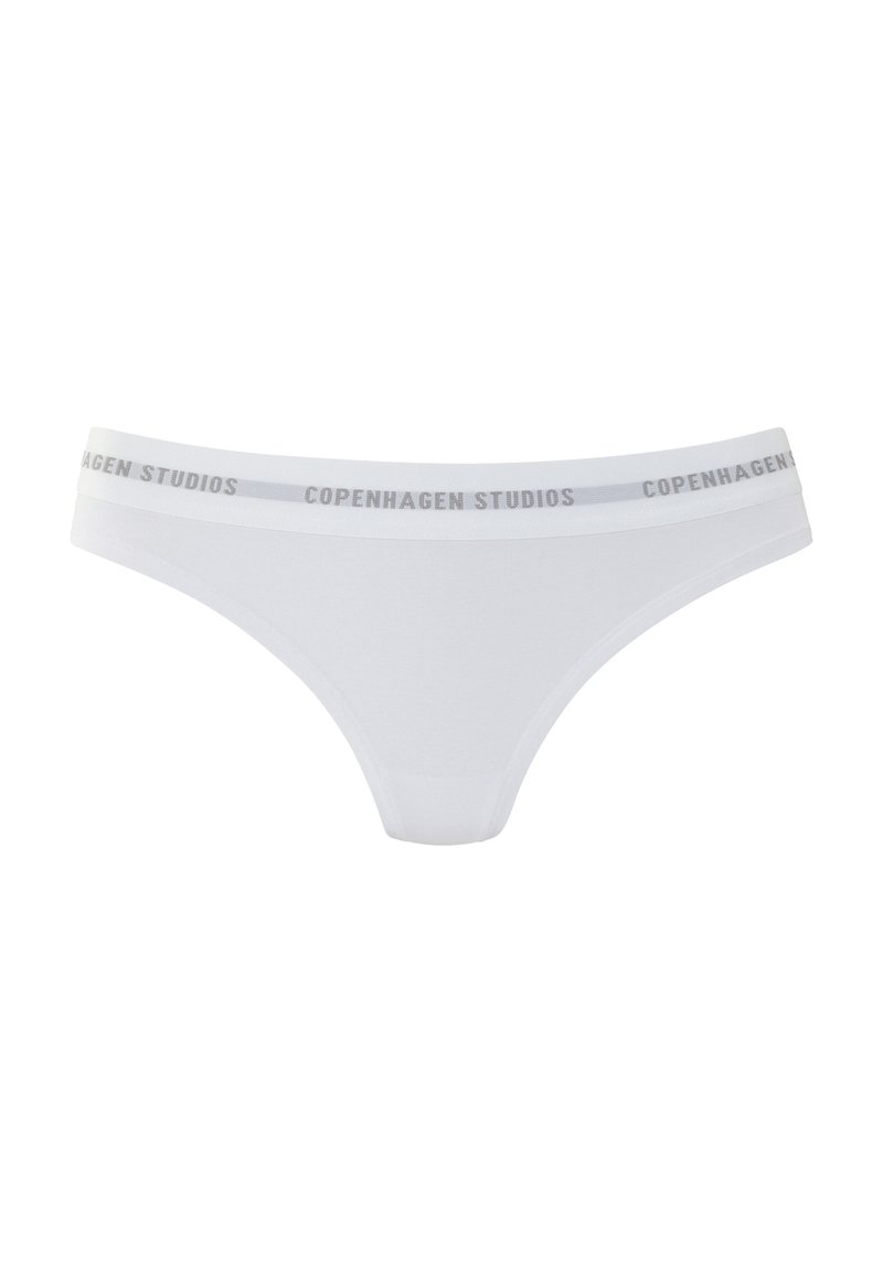 White thong underwear made of soft fabric with a COPENHAGEN STUDIOS logo in gray on the elastic waistband. Simple and seamless design.