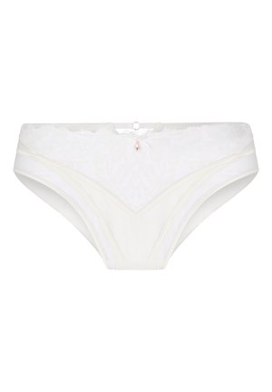 White lace women's underwear with a small decorative gem and bow at the center front waistband.