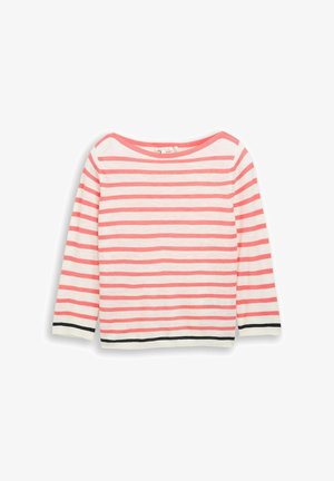 Wit trui met lange mouwen, horizontale roze strepen en zwarte bies aan de manchetten en zoom, ronde hals, plat gelegd.