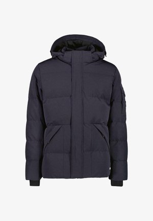 Marineblauwe geïsoleerde pufferjack met een capuchon, voorzien van een rits aan de voorkant, geribde manchetten en twee zijzakken. Glad textuur, gestikte ontwerp.