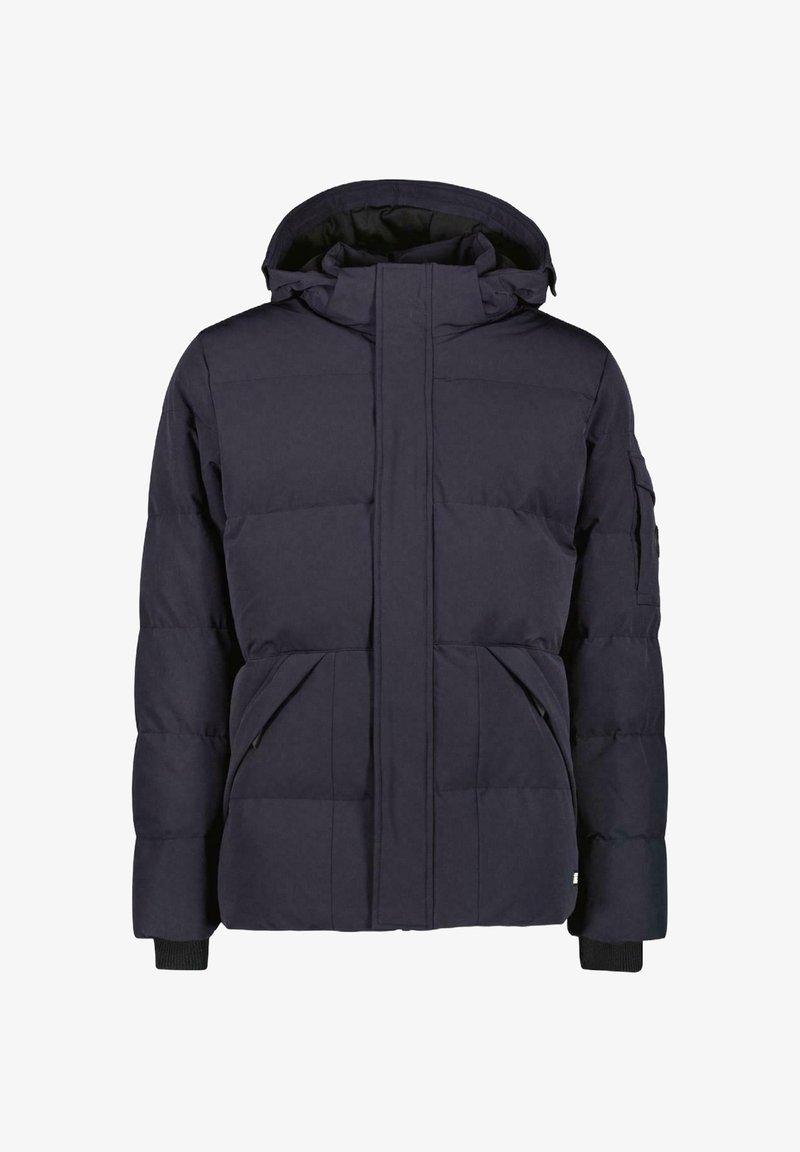 Marineblauwe geïsoleerde pufferjack met een capuchon, voorzien van een rits aan de voorkant, geribde manchetten en twee zijzakken. Glad textuur, gestikte ontwerp.