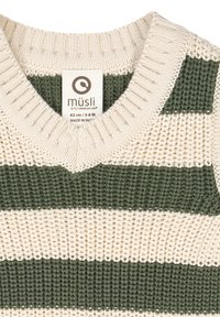 Gilet di cotone lavorato a maglia con scollatura a V. Presenta strisce alternati di verde scuro e crema, colletto a costine e etichetta con informazioni sulla taglia.