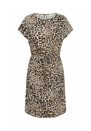 Leopardimustriga vest kergest kangast; põlvepikkune, tõmbluku ja lühikeste varrukatega; ümmargune kaelus ja seljapaneel. 