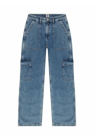Pantaloni cargo in denim blu chiaro con vestibilità ampia, dotati di molteplici tasche, vita alta e leggere sfumature per un aspetto texturizzato.