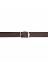 Ceinture en cuire marron avec une boucle carrée en argent, comportant cinq trous de réglage et une texture lisse. Logo gravé sur la boucle.