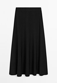 Schwarzer A-Linien-Midirock mit vertikalen Nahtdetails und einem glatten Taillenbund, auf weißem Hintergrund präsentiert.