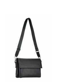 Sac à bandoulière en cuir noir avec une finition texturée, rabat pliant, sangle ajustable et accents métalliques. Design compact.