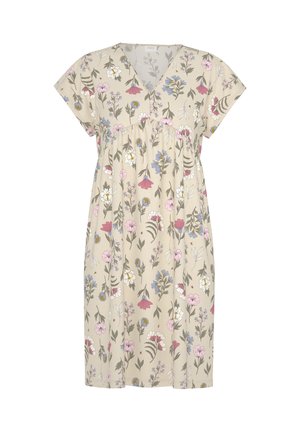 Jurk met bloemenpatroon in beige stof, met een V-hals, korte mouwen en een geplooide taille voor een losse pasvorm.