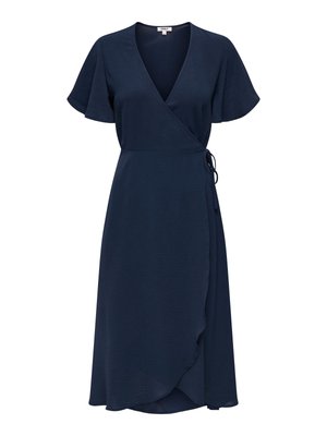 Abito a portafoglio blu navy fino al ginocchio con maniche corte a volant, scollo a V e chiusura laterale con fiocco, realizzato in tessuto leggero.