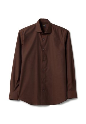 Donkerbruin overhemd met lange mouwen, knoopsluiting, standaard kraag en knoopmanchetten, plat gelegd op een witte achtergrond.