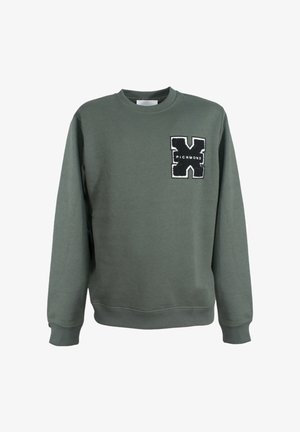 Felpa verde oliva con maniche lunghe, collo a giro e tasca frontale con un logo ricamato in bianco e nero.