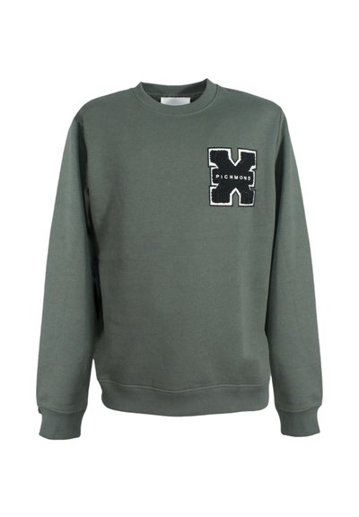 Felpa verde oliva con maniche lunghe, collo a giro e tasca frontale con un logo ricamato in bianco e nero.