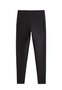 Leggings noirs en tissu extensible, présentant une texture lisse, un design ajusté et des coutures minimales pour une apparence épurée.