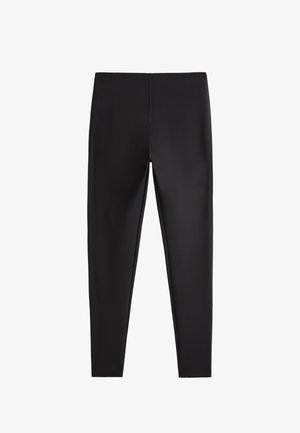 Schwarze Leggings aus dehnbarem Stoff, mit glatter Textur, enganpassendem Design und minimalen Nähten für ein elegantes Erscheinungsbild.