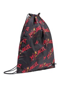 Zaino con cordoncino realizzato in tessuto nero, decorato con grafiche a tema ninja in rosso e giallo e testo "NINJAGO", dotato di una semplice chiusura a coulisse.