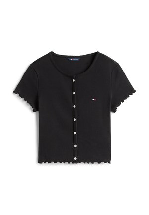 Tommy Jeans, RUFFLE TRIM RIBBED SLIM TOP - Μπλουζάκι με στάμπα - black