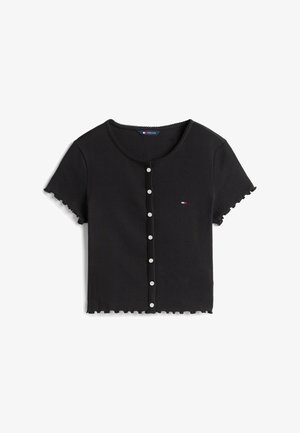 Tommy Jeans, RUFFLE TRIM RIBBED SLIM TOP - Μπλουζάκι με στάμπα - black
